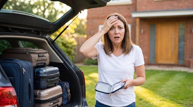 Forgetful Traveler's Dilemma: A woman, clearly flustered, stands beside a car trunk overflowing with luggage, realizing she might have forgotten something essential for her trip.