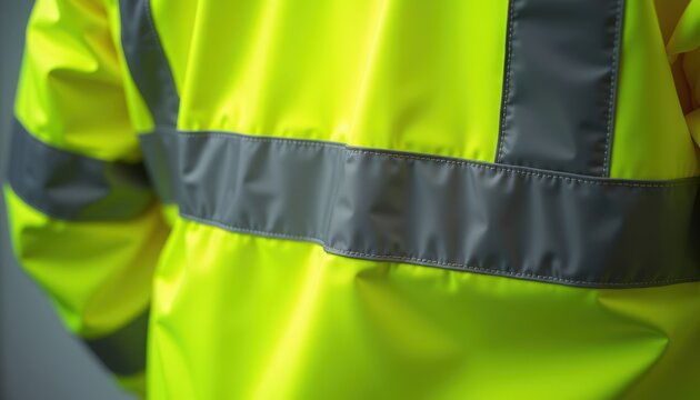 Bright safety jacket with reflective stripes worn by worker for visibility and protection. Safety jacket features vibrant yellow color with gray reflective strips enhancing safety in low light.