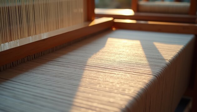 Weaving loom with threads illuminated by sunlight, showcasing delicate textures and craftsmanship. Weaving process involves intricate arrangements of threads and natural light creates warm ambiance.
