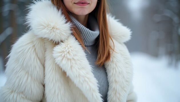 Winter fashion with a woman in fluffy white coat and grey turtleneck in snowy landscape. Winter outfit features stylish coat and cozy sweater against blurred forest background.