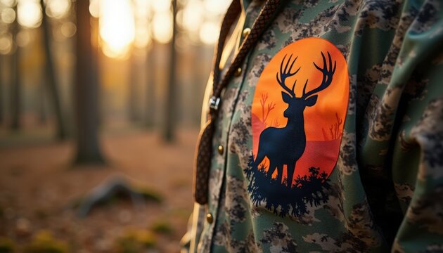 Hunting apparel featuring deer silhouette with vibrant sunset in forest setting. Detailed camouflage design enhances outdoor experience for hunters in natural habitat.