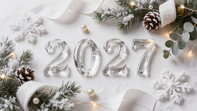 Elegant Scandinavian Christmas flat lay featuring transparent crystal glass 2027 on a pure white textured background, surrounded by snowy fir branches, pearl ornaments, crystal snowflakes, velvet ribb
