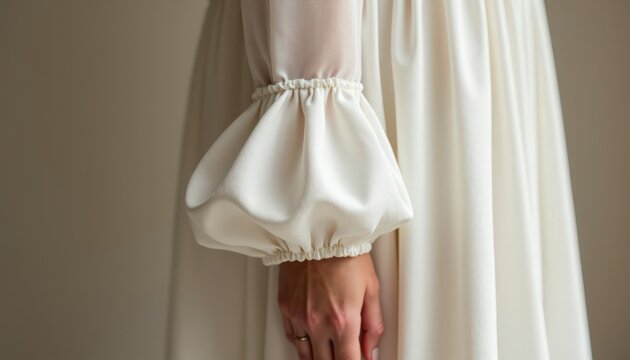 Elegant white dress showcasing puffy sleeve with intricate detailing, soft fabric draping elegantly to create a flowing silhouette. Elegant white dress perfect for formal occasions and bridal themes.