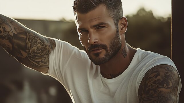 Young caucasian male with tattoos and beard posing outdoors
