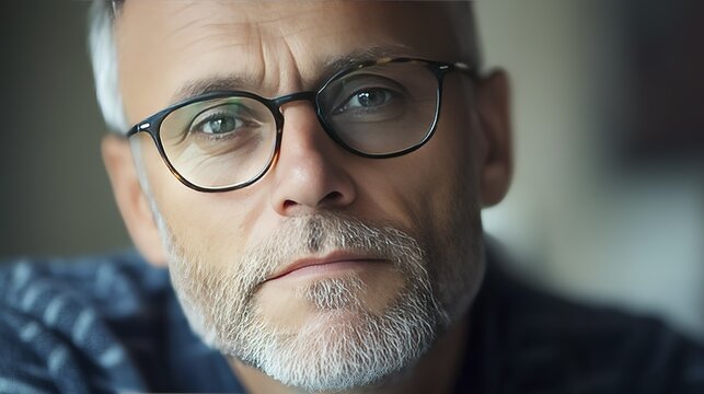 Mature caucasian male with glasses and beard looking thoughtful