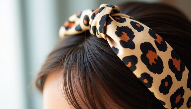 Stylish leopard print headband worn by woman with brown hair, showcasing intricate patterns and vibrant colors. Fashion accessory adds flair and personality, perfect for casual or chic outfits.
