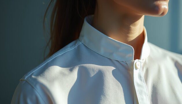 Close-up of woman wearing white collar shirt in soft natural light. Fashionable shirt highlights modern clothing style and clean lines of design. Perfect for fashion editorial, branding,