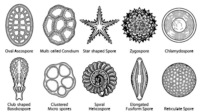 A collection of various fungal spores and reproductive structures in a scientific illustration.