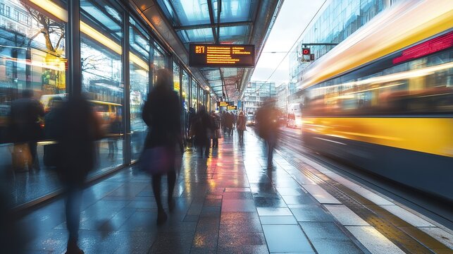 Motion blur at busy urban train platform with diverse commuters