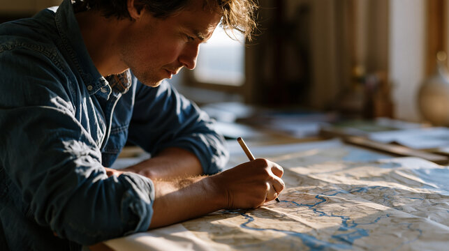 hydrologist indoors at warm amber lighting tracing a river basin map on a drafting table habit formation neurological loop water resource science process in action fieldwork