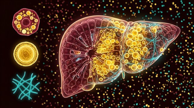 3D medical illustration of fatty liver disease progression. NAFLD liver with fat accumulation and cellular damage in dark space.