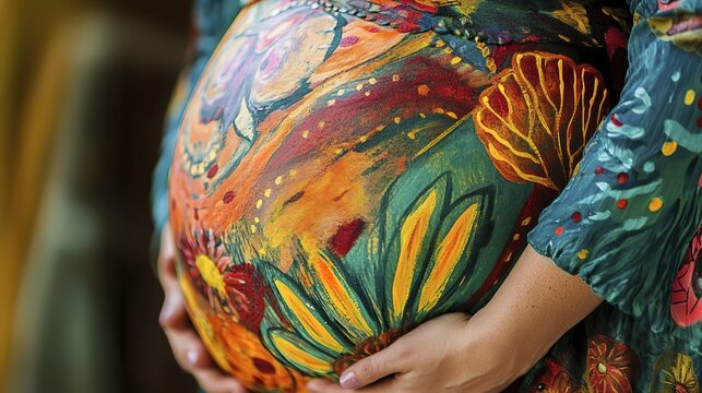 Pregnant belly with colorful painted flowers held by woman