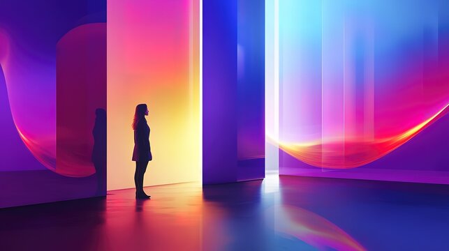 Silhouetted female observing vibrant abstract digital art installation