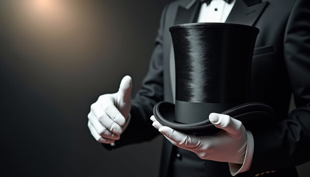 Elegant magician with top hat showcasing magic tricks, dressed in tuxedo and white gloves against dark background. Magician performs enchanting act with top hat in theatrical presentation.