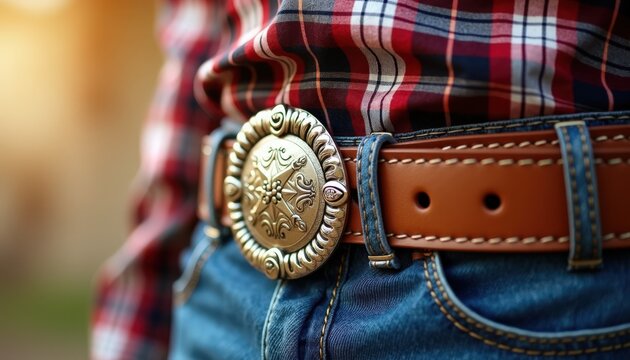 Stylish western belt with ornate buckle on denim jeans and red plaid shirt. Western belt features a decorative buckle and brown leather strap, complementing casual look in country fashion.