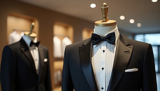 Elegant tuxedo display with black suits and bow ties for formal occasions, showcasing sophistication and style in a tailored setting. Tuxedo display emphasizes luxury fashion for weddings, galas,