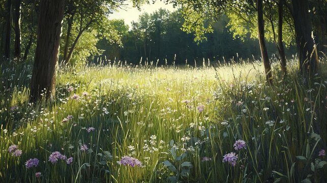 Sunlit meadow with wildflowers in a tranquil forest clearing