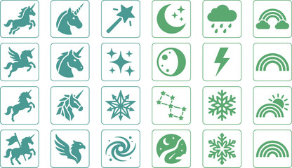 Obraz premium Set of cute green hand drawn magical unicorn and celestial weather icons on white background