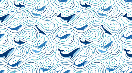 Swirling wave pattern with blue whale illustrations. © Wahyu
