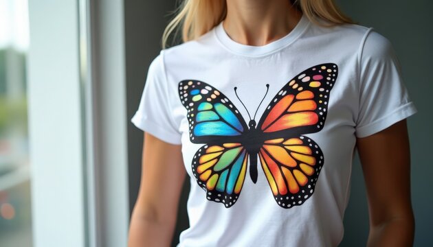 Colorful butterfly design on t-shirt worn by woman standing near window. T-shirt features vibrant butterfly artwork with blue, orange, and yellow shades, creating a cheerful look.