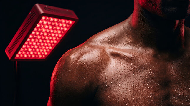 Sweaty Athlete Receiving Red LED Light Muscle Recovery