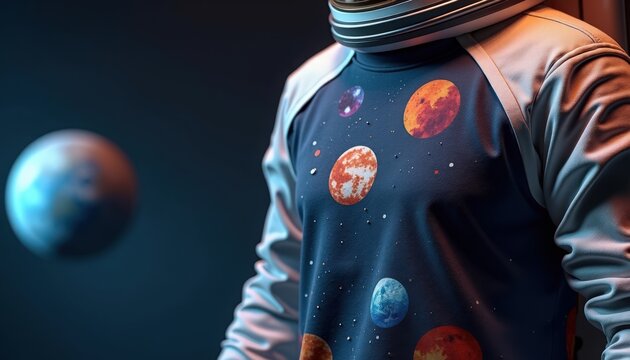 Astronaut in space-themed outfit with planets and glowing background. Space-themed attire features vibrant celestial designs representing planets floating nearby.