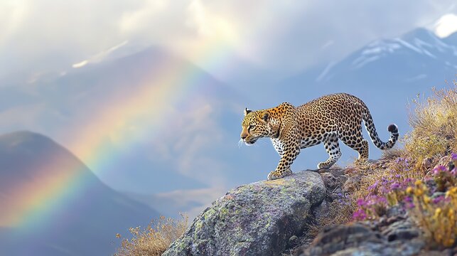 Leopard on rocky outcrop with rainbow in mountain landscape
