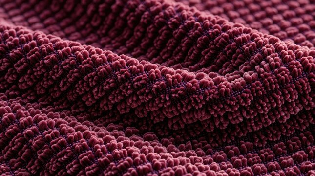 Macro shot of dark red chenille fabric texture. Soft velvet material features raised fuzzy surface with wavy pattern. Elegant textile background shows plush folded waves for interior design projects