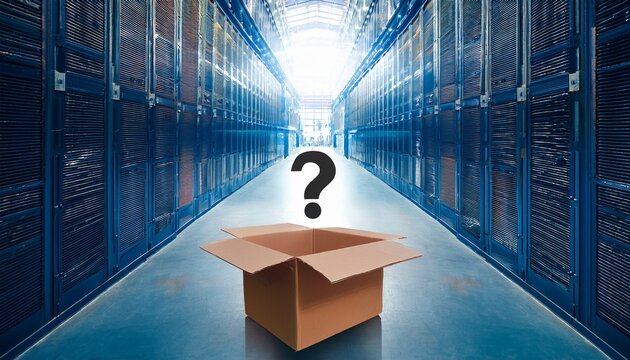 the cardboard box with question mark in a vast modern warehouse aisle
