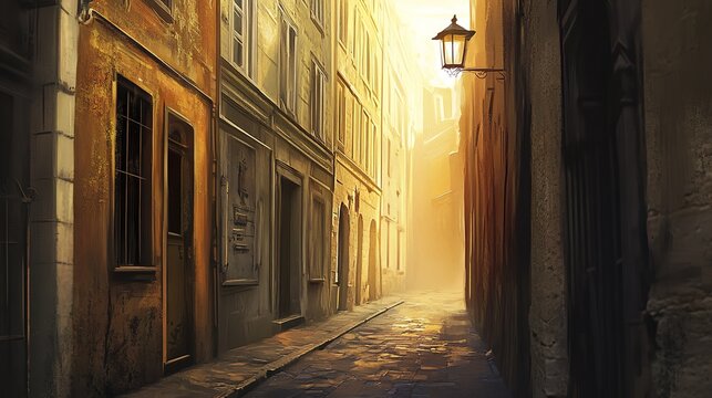 Golden sunrise illuminates narrow european alley with vintage lanterns