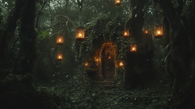 Enchanted forest hideaway with glowing lanterns