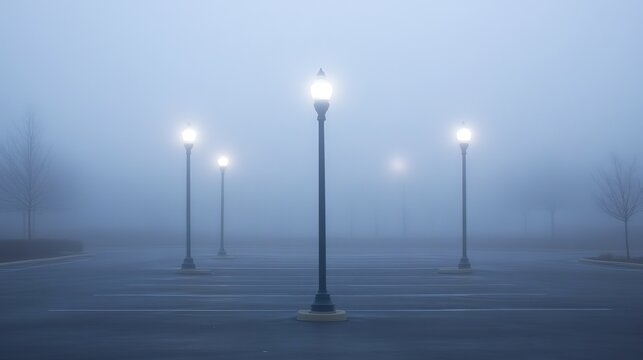 Foggy morning parking lot with illuminated street lamps and bare trees