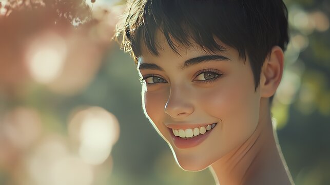 Young caucasian female smiling outdoors in soft sunlight