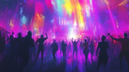 Obraz premium Vibrant nightclub scene with silhouettes and colorful abstract lights