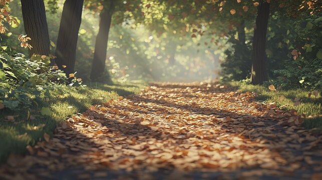 Sunlit forest path covered in autumn leaves