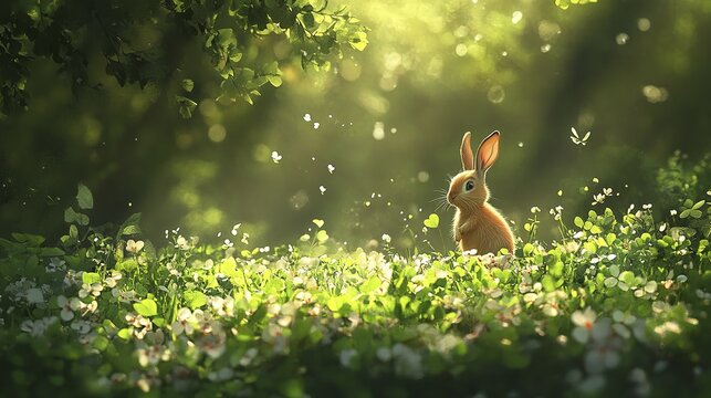Calm rabbit in lush green meadow with sunlit atmosphere and butterflies