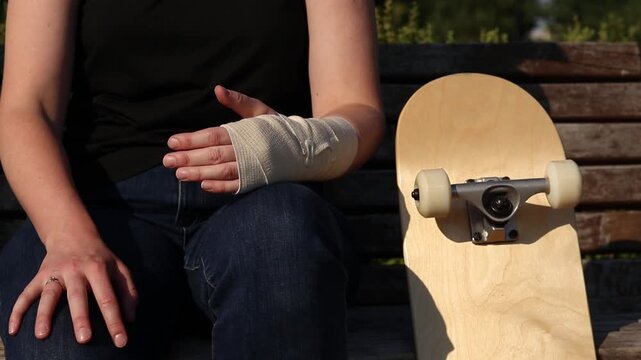 Unsuccessful fall from skateboard and hand injury. Injured hand in medical bandage next to skateboard close-up. Shot highlights risks of street sports, training failures and rehabilitation process
