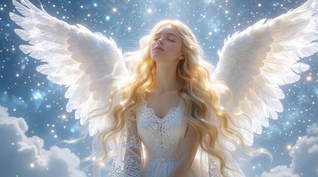 Beautiful young woman with blonde hair, white wings stands in starry sky. Divine angel wearing lace dress breathes calm air. Spiritual character represents peace, protection. Magical heavenly scene
