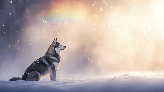 Husky in snowy landscape with ethereal light and rainbow glow