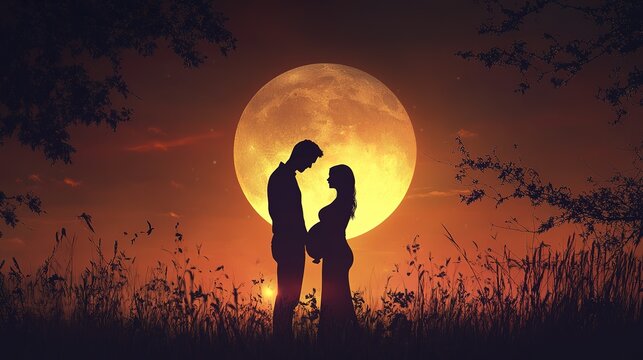 Pregnant couple silhouette under full moon at sunset in nature