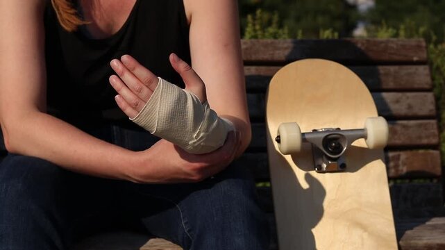 Skateboarder's wrist bandaged with elastic bandage. Hand with bandage after falling from skateboard. Sprain, dislocation or bruise during active recreation. Wrist injury. Injury concept