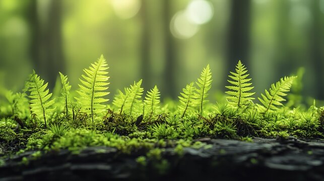 Lush green ferns in a sunlit forest