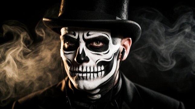 Man wears creepy skull makeup, top hat in dark studio setting. Person puts on black earphones listens to music among swirling fog. Face painting character looks into camera with intense eyes. Dark