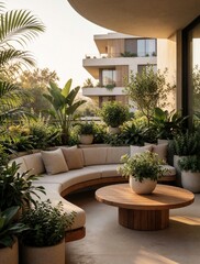 Obraz premium Curved beige sofa on modern outdoor balcony with round wooden coffee table. Rich potted green plants surround luxury seating area. Warm sunlight illuminates elegant contemporary patio decor.
