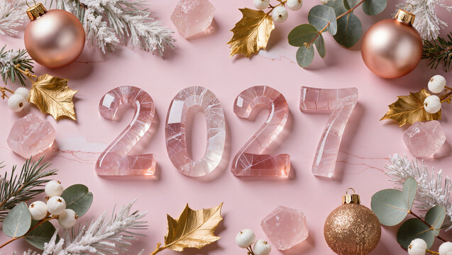 Elegant Christmas flat lay featuring translucent rose quartz 2027 on a powder pink marble background, surrounded by crystals, blush ornaments, gold leaves, eucalyptus, berries, and frosted pine.