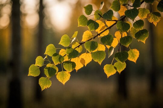 Branch of black cottonwood tree features heart shaped leaves during autumn transition. Sunlight illuminates yellow, green foliage against soft blurred forest background. Seasonal botanical change