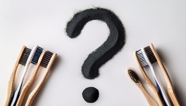 the toothbrushes and charcoal toothpaste forming a question mark on white background