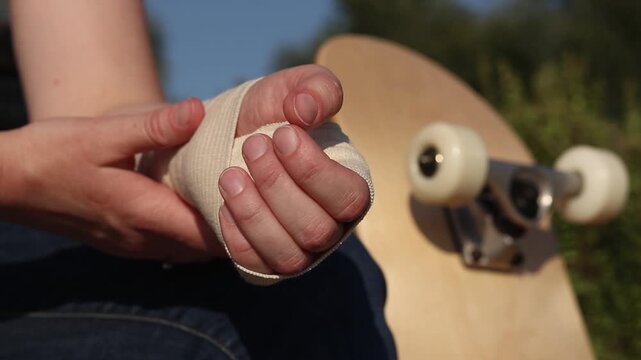 Unsuccessful fall from skateboard and hand injury. Injured hand in medical bandage next to skateboard close-up. Shot highlights risks of street sports, training failures and rehabilitation process