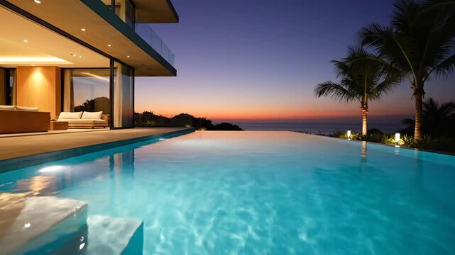 Luxury infinity pool villa at sunset with ocean view and palm trees