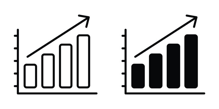 Two simple bar chart icons showing upward growth trends with a rising arrow isolated on a plain white background for business analysis